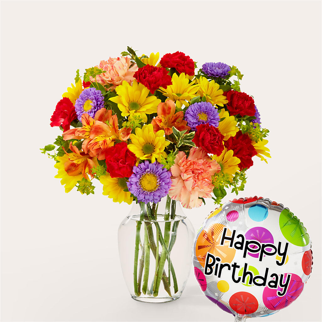 Kaleidoscope Bouquet with Birthday Balloon – MONA'S BOUQUETS, Bacliff TX