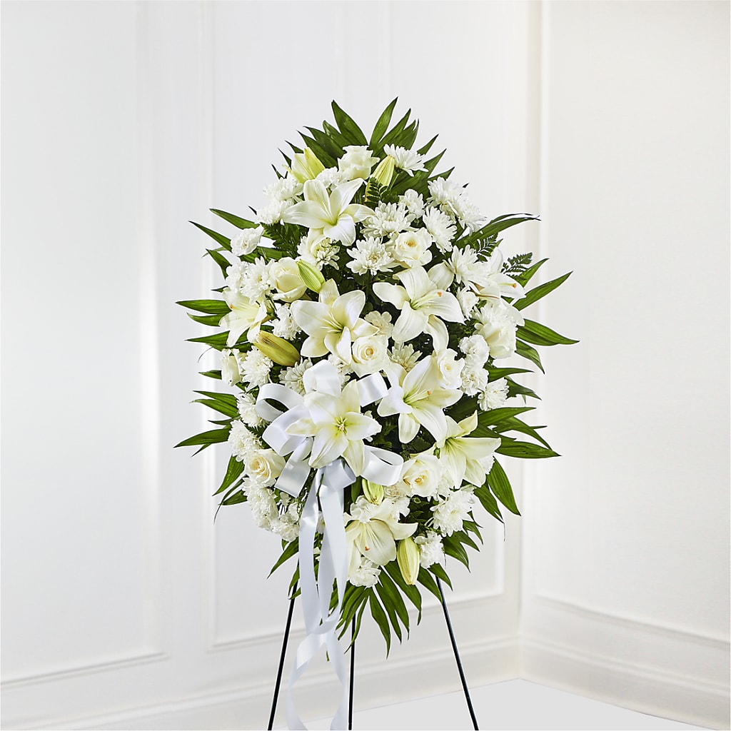 Exquisite Tribute Standing Spray-White Ribbon – MONA'S BOUQUETS, Bacliff TX